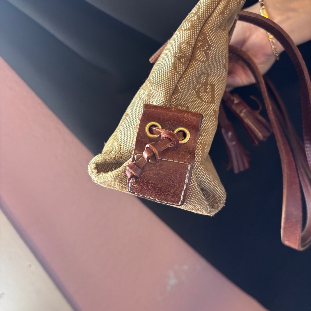 Vtg Dooney & Bourke Monogram Canvas Leather Trim Shoulder Bag Tan Brown Y2K Tote - Picture 7 of 12